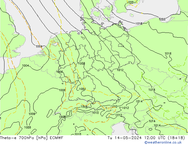 Theta-e 700hPa ECMWF mar 14.05.2024 12 UTC