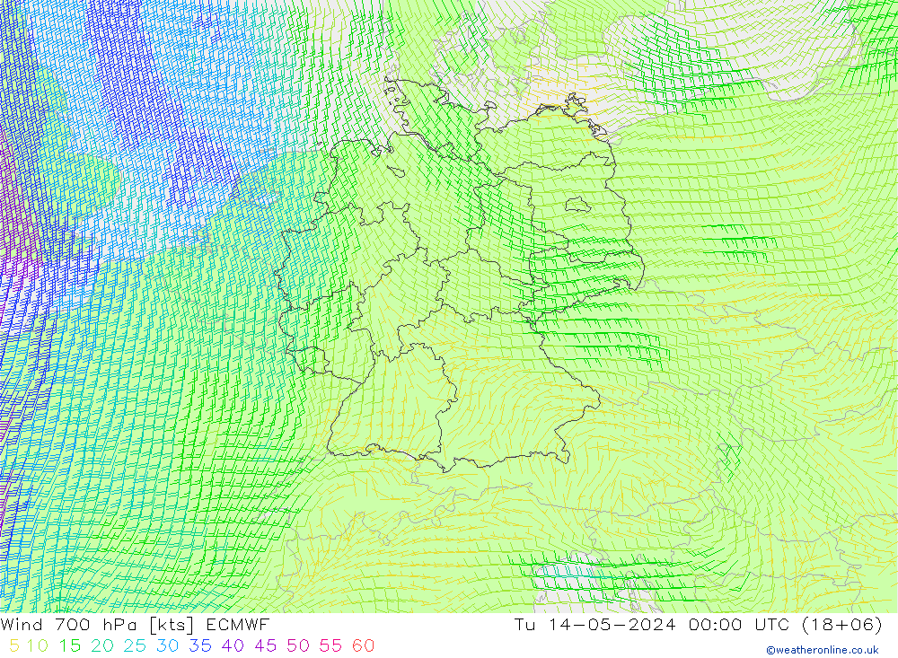 风 700 hPa ECMWF 星期二 14.05.2024 00 UTC