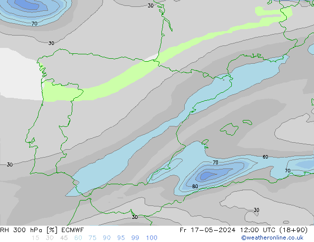 Humedad rel. 300hPa ECMWF vie 17.05.2024 12 UTC