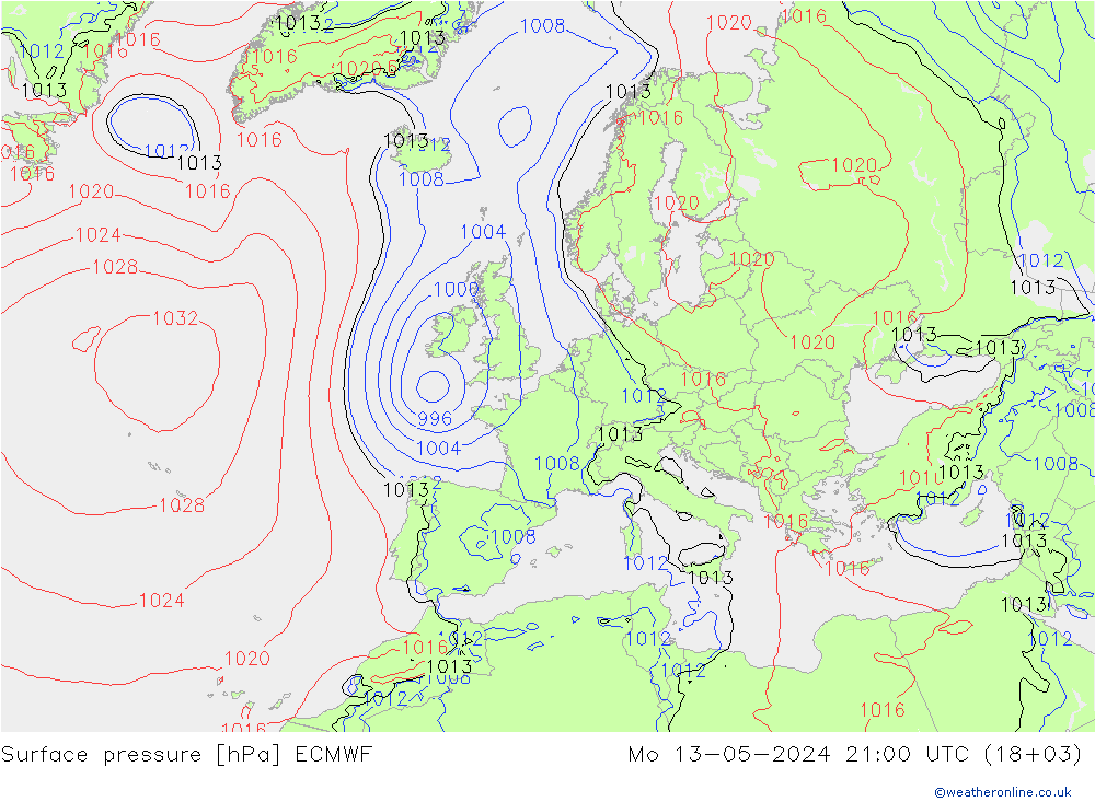 Bodendruck ECMWF Mo 13.05.2024 21 UTC