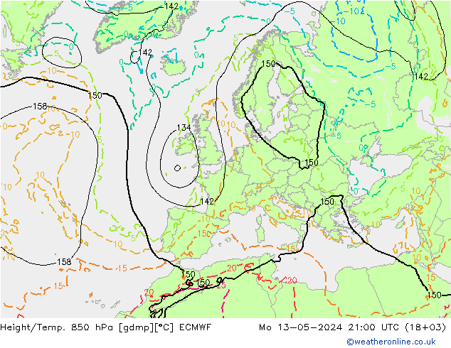 Height/Temp. 850 hPa ECMWF lun 13.05.2024 21 UTC