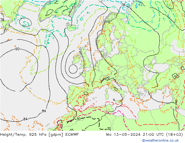 Height/Temp. 925 hPa ECMWF Mo 13.05.2024 21 UTC
