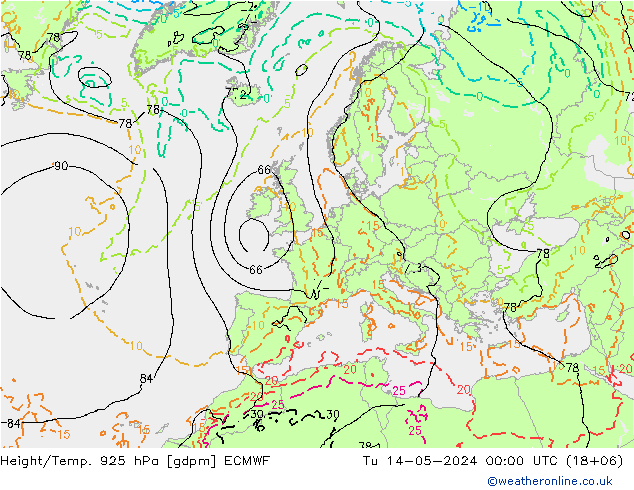 Height/Temp. 925 hPa ECMWF Út 14.05.2024 00 UTC