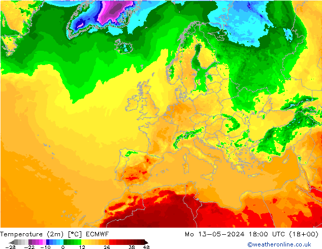 Temperature (2m) ECMWF Mo 13.05.2024 18 UTC