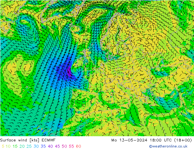 风 10 米 ECMWF 星期一 13.05.2024 18 UTC