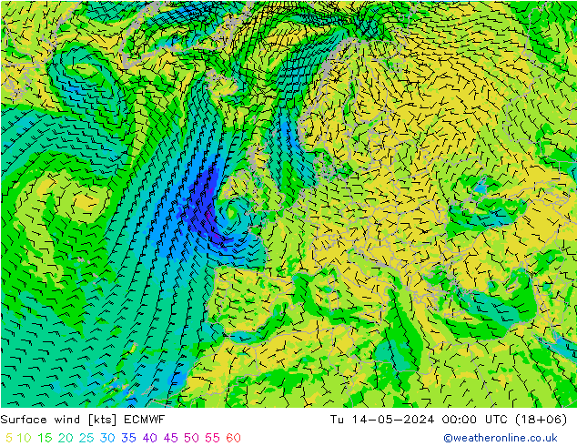 Surface wind ECMWF Út 14.05.2024 00 UTC