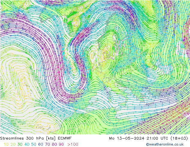 Stromlinien 300 hPa ECMWF Mo 13.05.2024 21 UTC