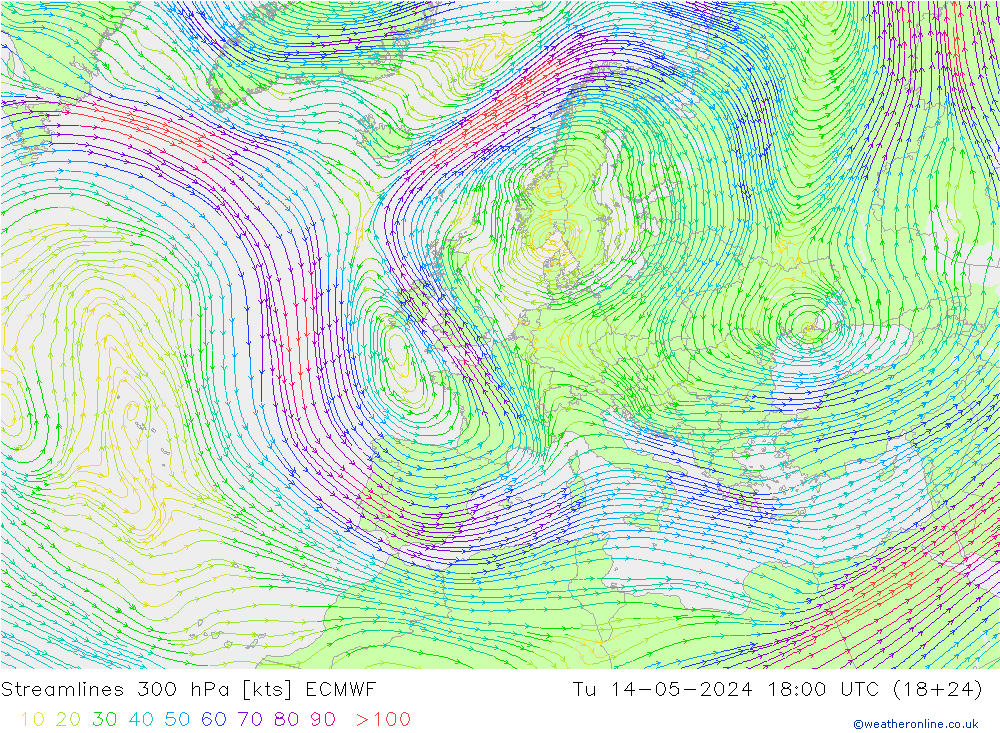 Línea de corriente 300 hPa ECMWF mar 14.05.2024 18 UTC