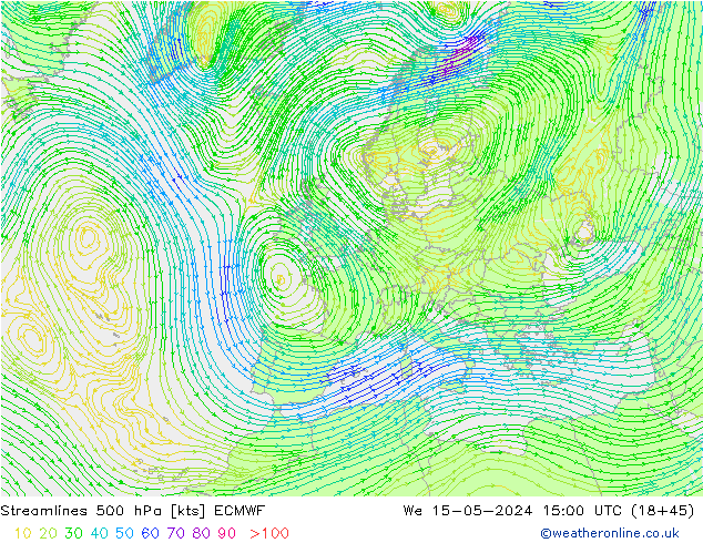 ветер 500 гПа ECMWF ср 15.05.2024 15 UTC