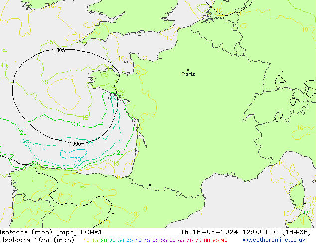 Izotacha (mph) ECMWF czw. 16.05.2024 12 UTC