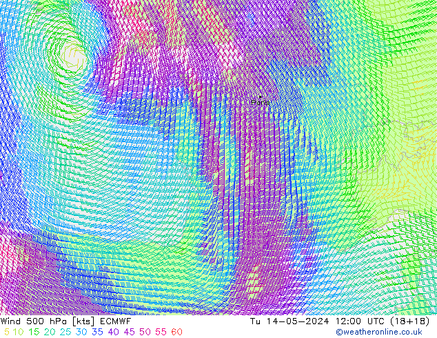 Wind 500 hPa ECMWF Tu 14.05.2024 12 UTC