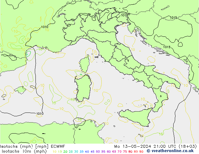 Isotaca (mph) ECMWF lun 13.05.2024 21 UTC
