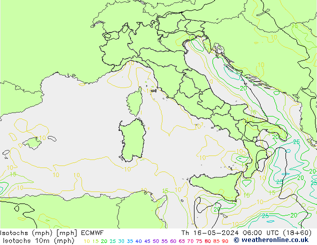 Isotachs (mph) ECMWF Čt 16.05.2024 06 UTC