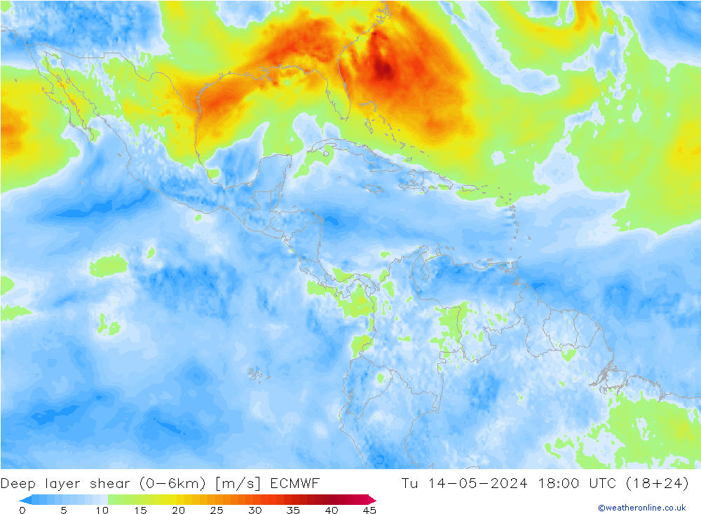 Deep layer shear (0-6km) ECMWF вт 14.05.2024 18 UTC