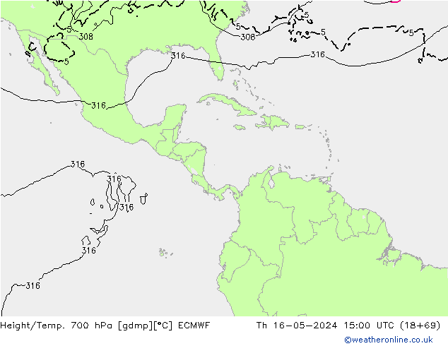 Height/Temp. 700 hPa ECMWF czw. 16.05.2024 15 UTC