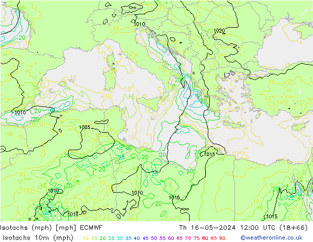Isotachs (mph) ECMWF Čt 16.05.2024 12 UTC