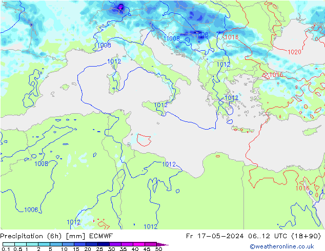 Precipitation (6h) ECMWF Pá 17.05.2024 12 UTC