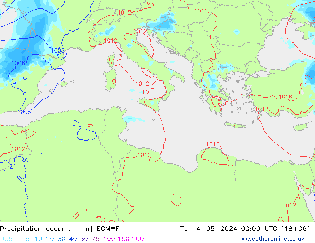 Precipitation accum. ECMWF Út 14.05.2024 00 UTC