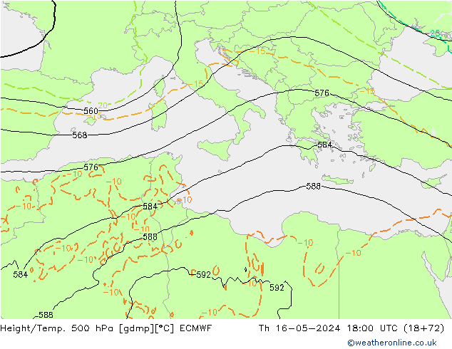 Height/Temp. 500 hPa ECMWF gio 16.05.2024 18 UTC