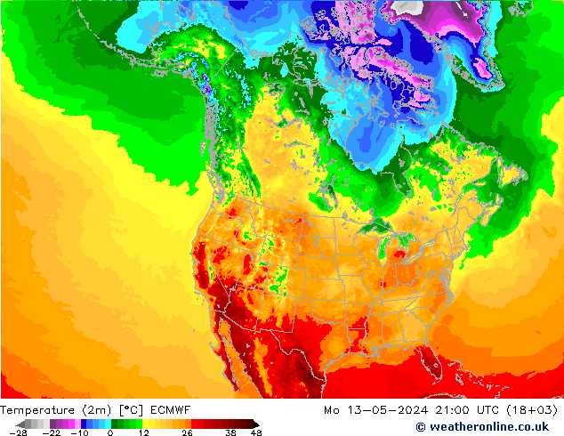 Temperature (2m) ECMWF Mo 13.05.2024 21 UTC