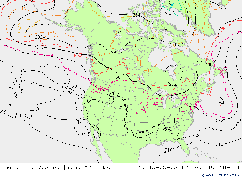 Height/Temp. 700 hPa ECMWF Mo 13.05.2024 21 UTC