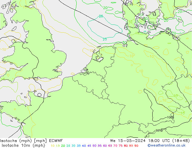 Eşrüzgar Hızları mph ECMWF Çar 15.05.2024 18 UTC