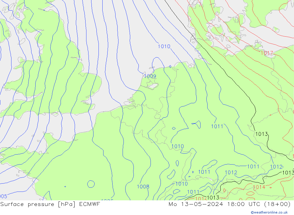 Presión superficial ECMWF lun 13.05.2024 18 UTC