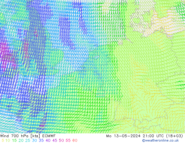 风 700 hPa ECMWF 星期一 13.05.2024 21 UTC