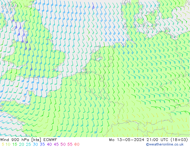 风 900 hPa ECMWF 星期一 13.05.2024 21 UTC
