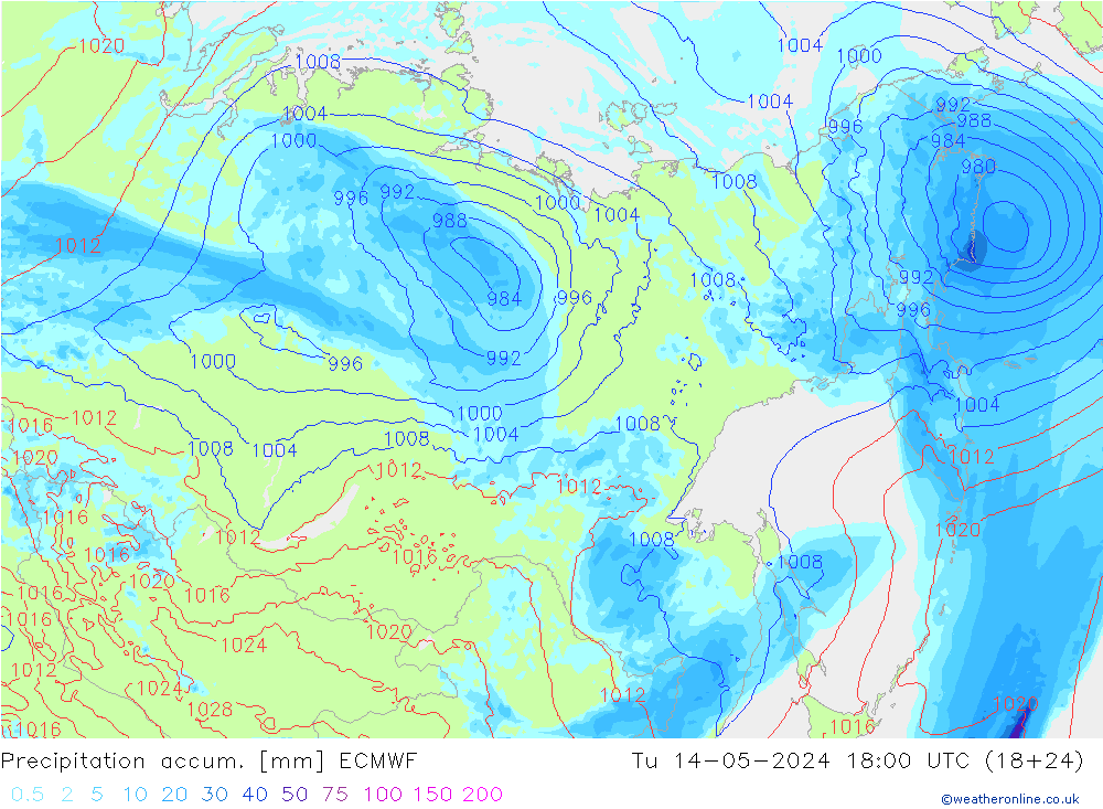 Precipitation accum. ECMWF mar 14.05.2024 18 UTC