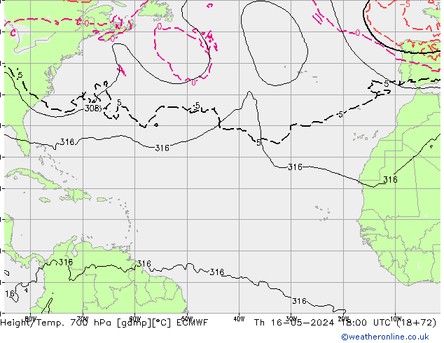 Height/Temp. 700 гПа ECMWF чт 16.05.2024 18 UTC