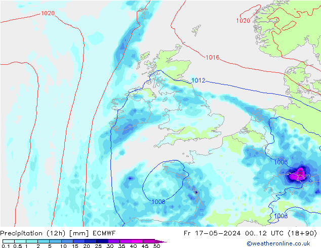 Precipitation (12h) ECMWF Pá 17.05.2024 12 UTC