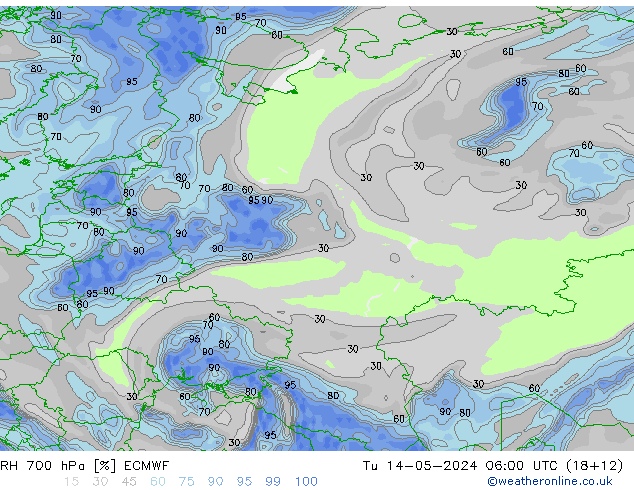 RH 700 hPa ECMWF wto. 14.05.2024 06 UTC