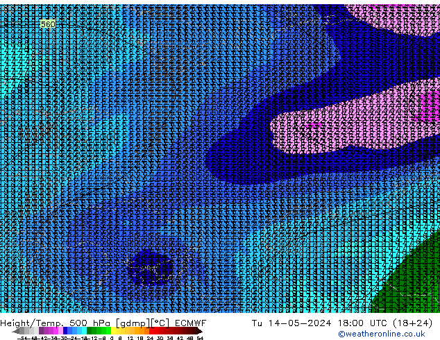 Hoogte/Temp. 500 hPa ECMWF di 14.05.2024 18 UTC