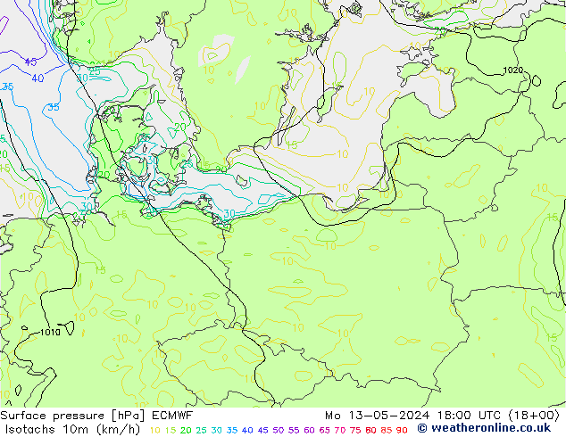 Isotachen (km/h) ECMWF ma 13.05.2024 18 UTC