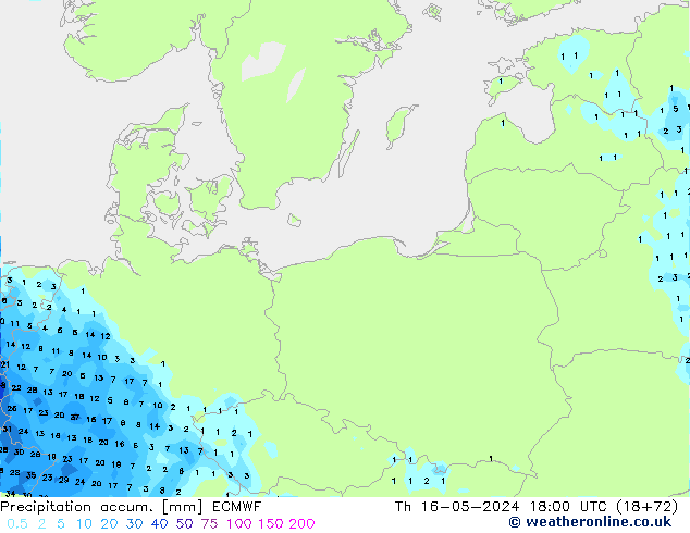 Precipitation accum. ECMWF Čt 16.05.2024 18 UTC