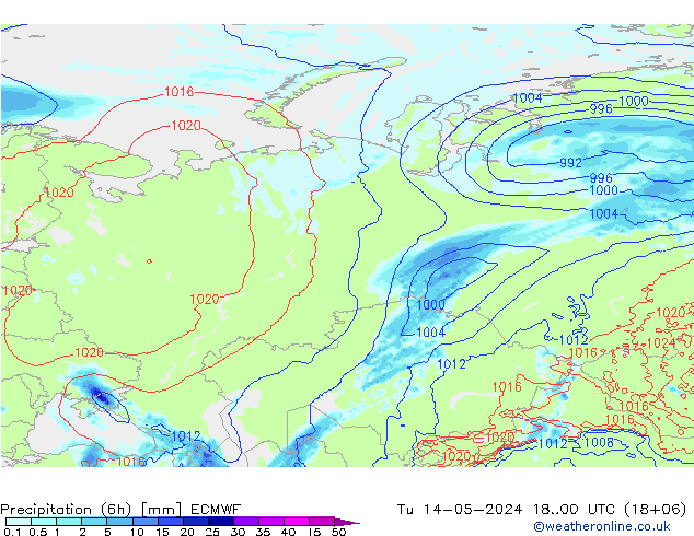 Precipitation (6h) ECMWF Tu 14.05.2024 00 UTC