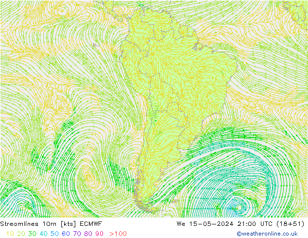 Linea di flusso 10m ECMWF mer 15.05.2024 21 UTC
