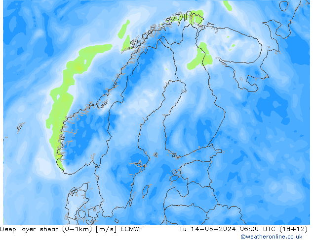 Deep layer shear (0-1km) ECMWF Di 14.05.2024 06 UTC