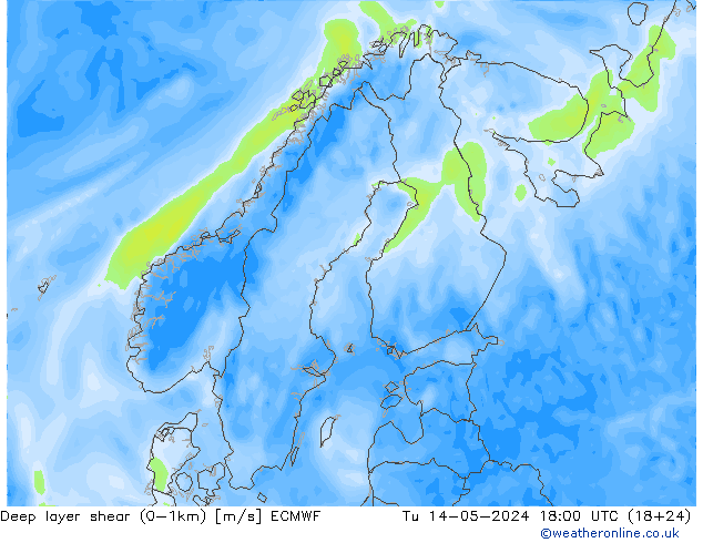 Deep layer shear (0-1km) ECMWF mar 14.05.2024 18 UTC