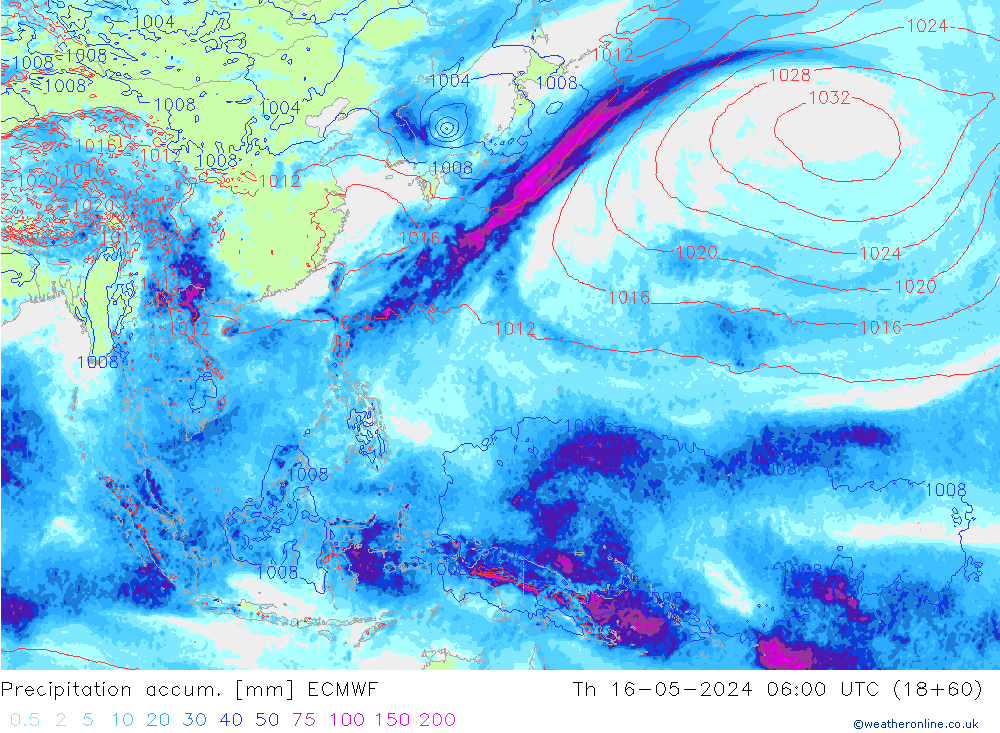 Precipitation accum. ECMWF чт 16.05.2024 06 UTC