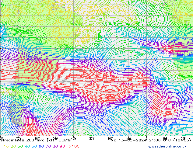 Linea di flusso 200 hPa ECMWF lun 13.05.2024 21 UTC
