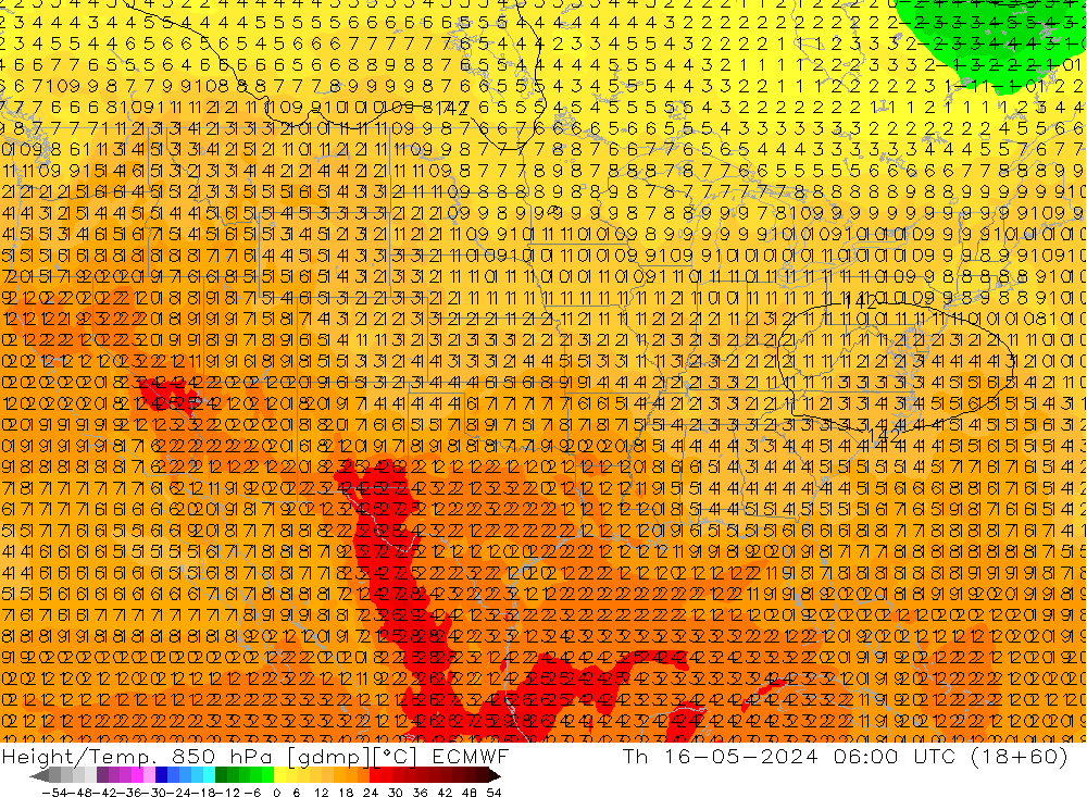 Height/Temp. 850 гПа ECMWF чт 16.05.2024 06 UTC