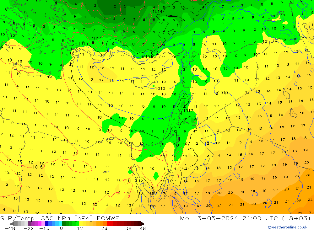 SLP/Temp. 850 hPa ECMWF Mo 13.05.2024 21 UTC