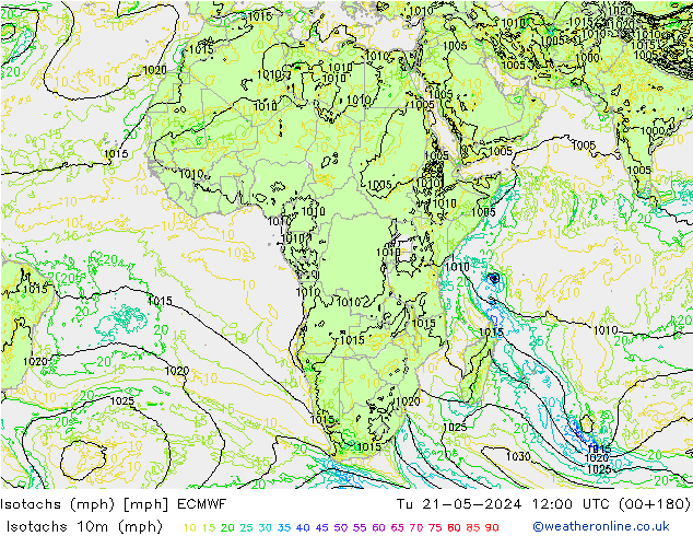 Isotachs (mph) ECMWF Út 21.05.2024 12 UTC