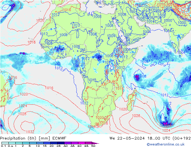 Precipitation (6h) ECMWF We 22.05.2024 00 UTC