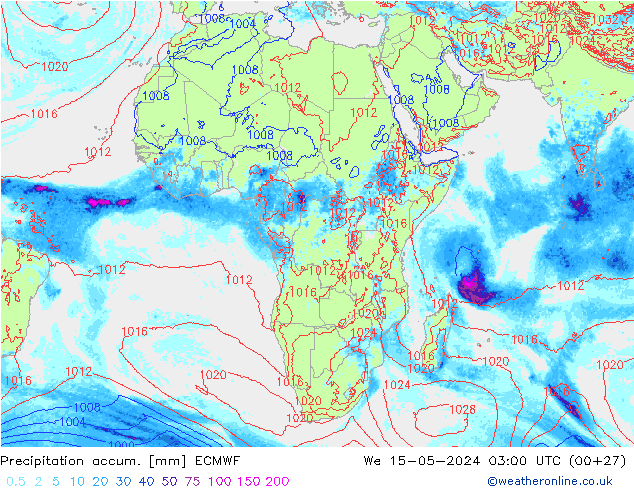 Precipitation accum. ECMWF mer 15.05.2024 03 UTC