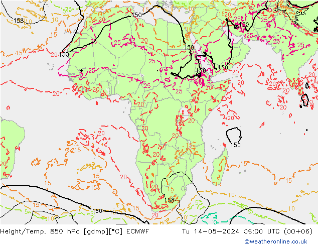 Hoogte/Temp. 850 hPa ECMWF di 14.05.2024 06 UTC