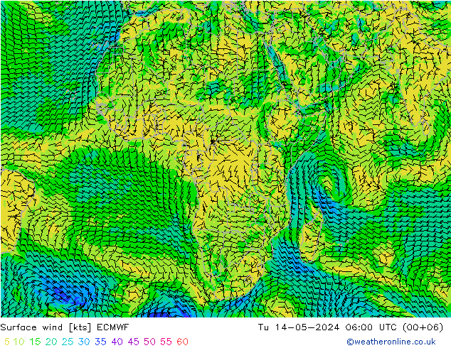 Prec 6h/Wind 10m/950 ECMWF Ter 14.05.2024 06 UTC