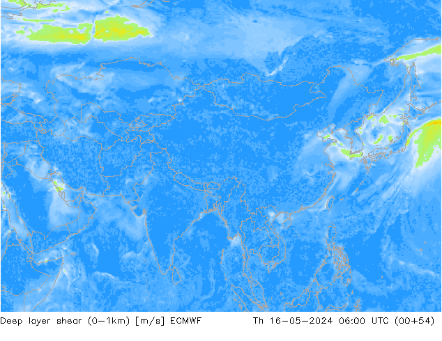 Deep layer shear (0-1km) ECMWF Th 16.05.2024 06 UTC